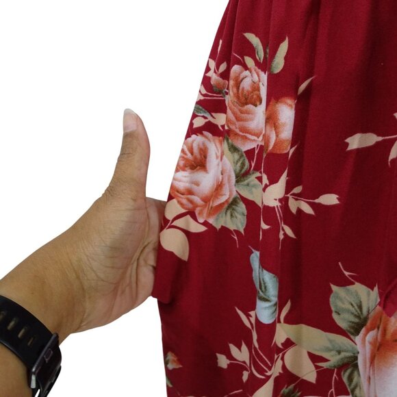 Floral Red Midi Dress With Elastic Waist Women Size L Short Sleeve Pocket FLAW - Picture 3 of 12